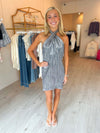 Show Me Your Mumu Jasmine Tie Mini Dress in Pleated Silver