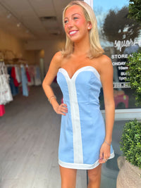 Claire Color Block Strapless Romper Dress in Powder Blue and White