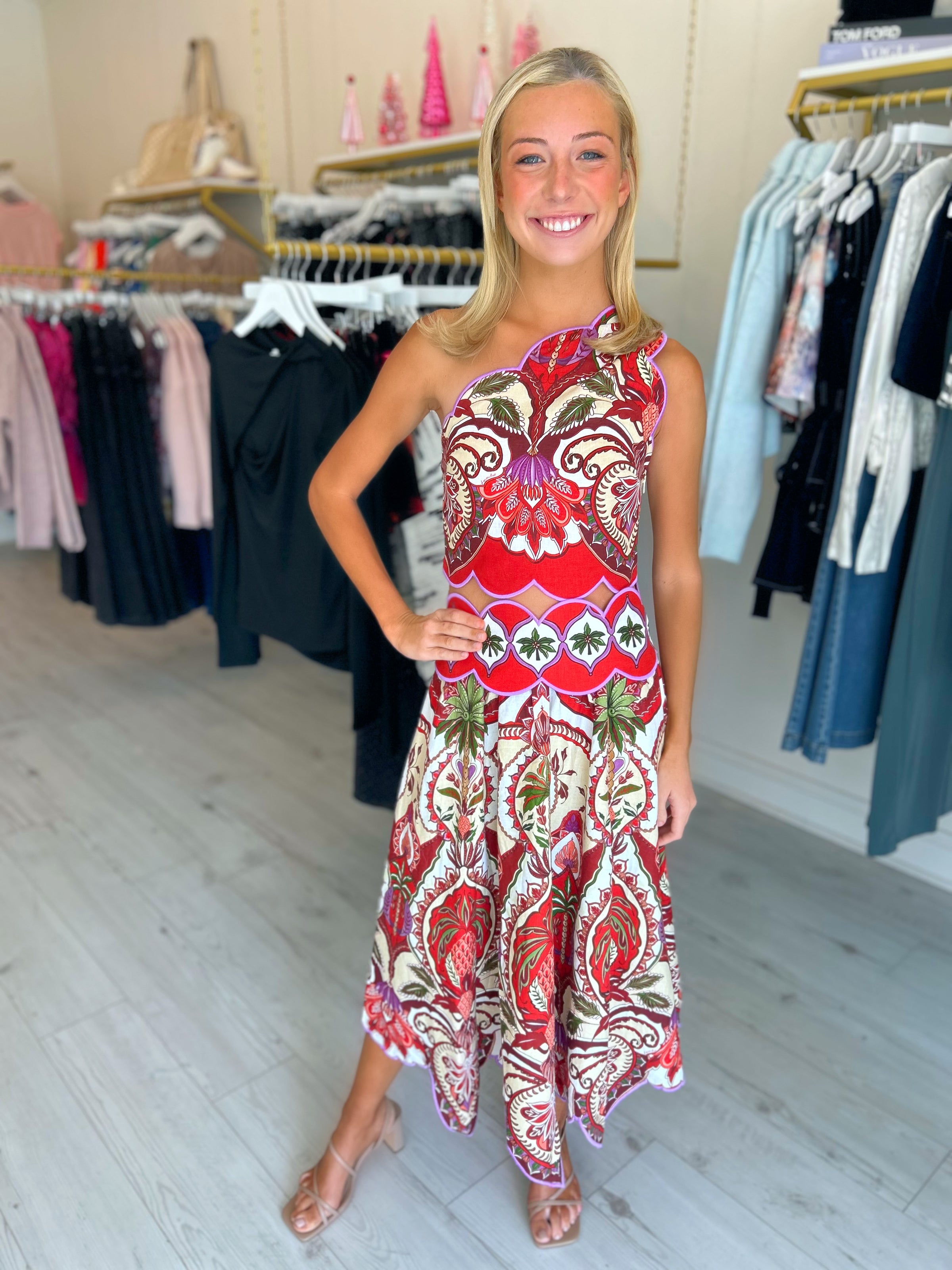 FARM RIO Odara Red Scallop One Shoulder Top & Midi Skirt Set