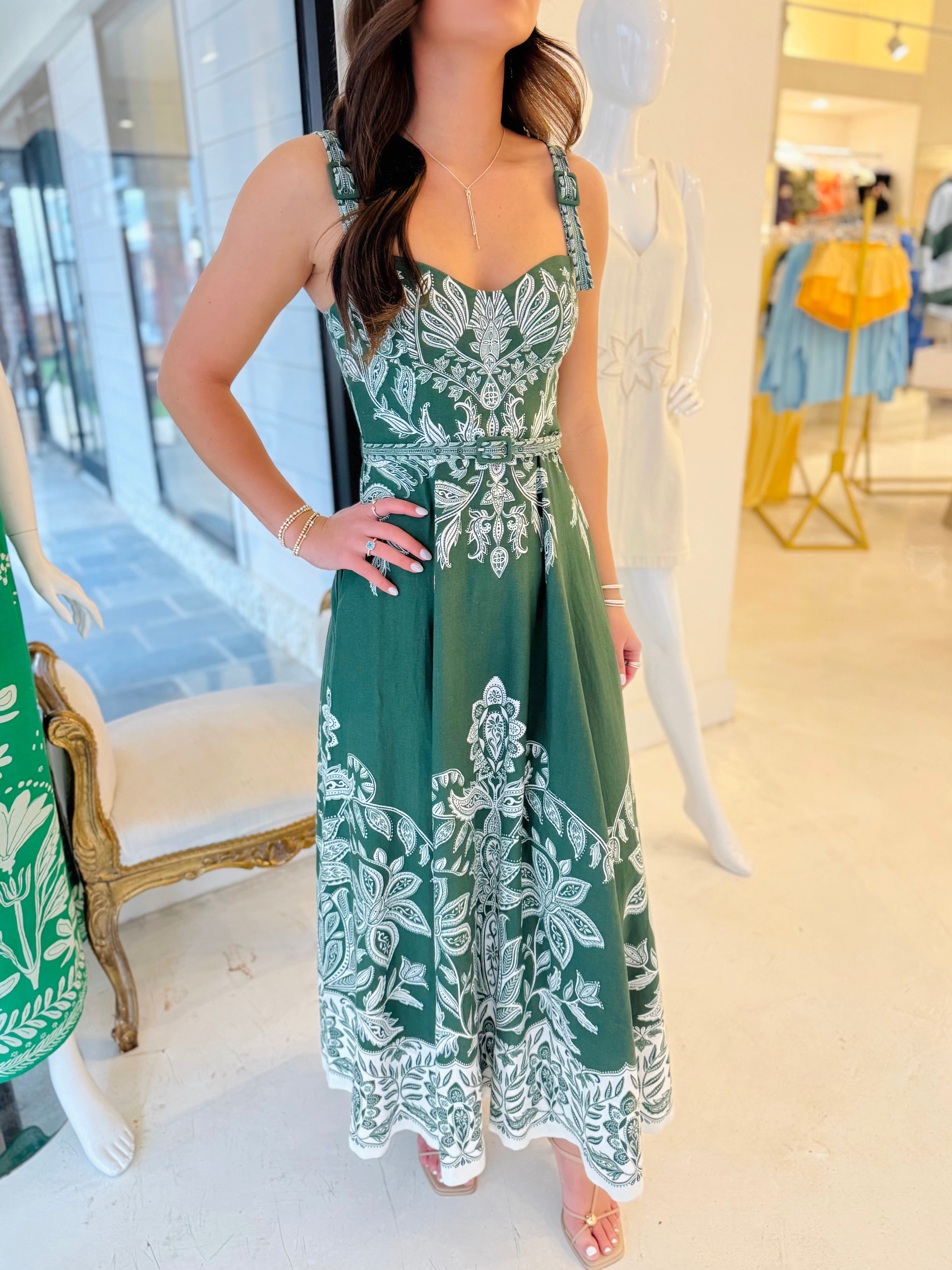 FARM RIO Miranda Dark Green Belt Buckles Maxi Dress