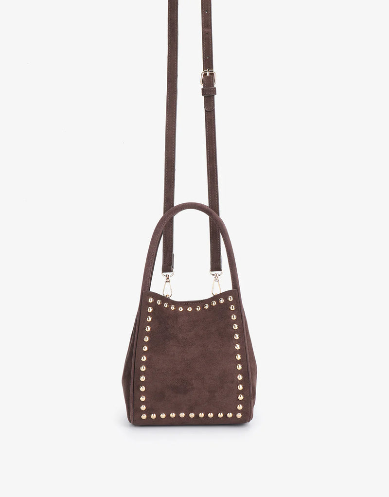 REMI/REID Hollace Mini Tote Studded Faux Suede in Chocolate