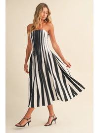 Markie Strapless Striped Pleated Midi