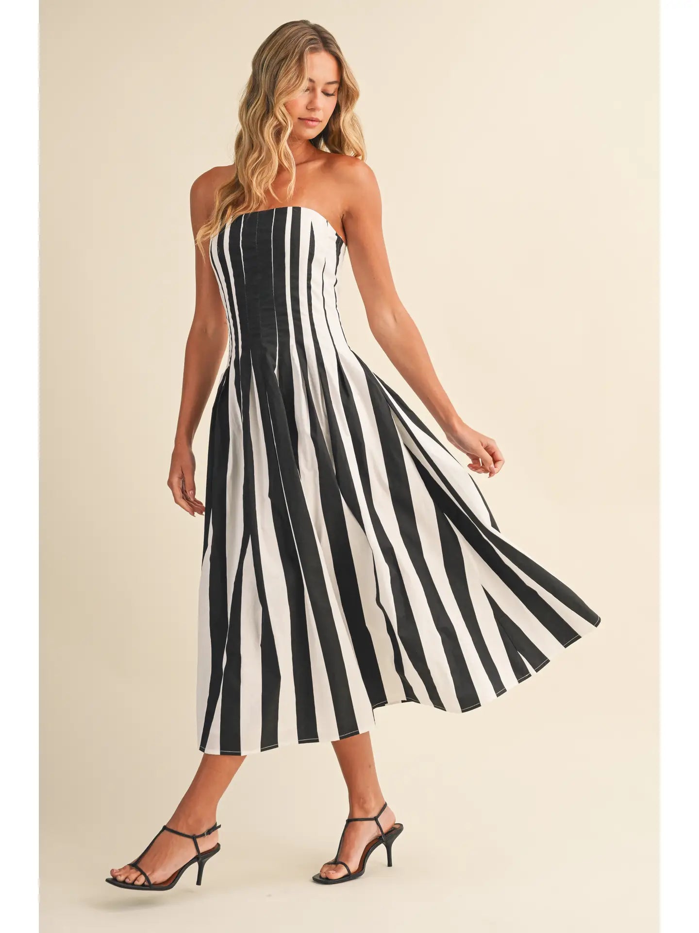 Markie Strapless Striped Pleated Midi