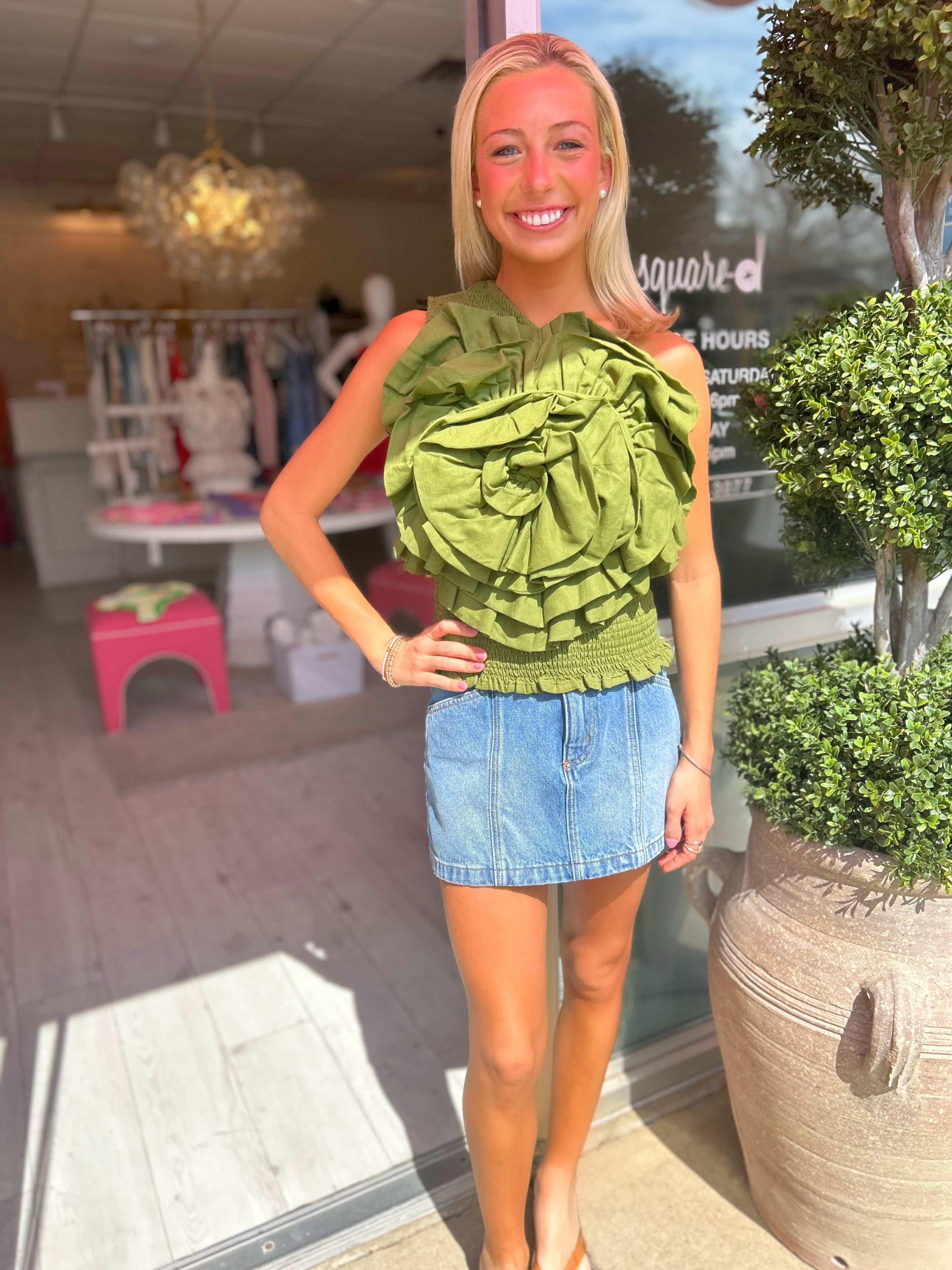 FARM RIO Green One Shoulder Blouse