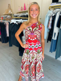 FARM RIO Odara Red Scallop One Shoulder Top & Midi Skirt Set