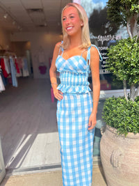 Marley Gingham Top & Midi Skirt Set in Blue & White