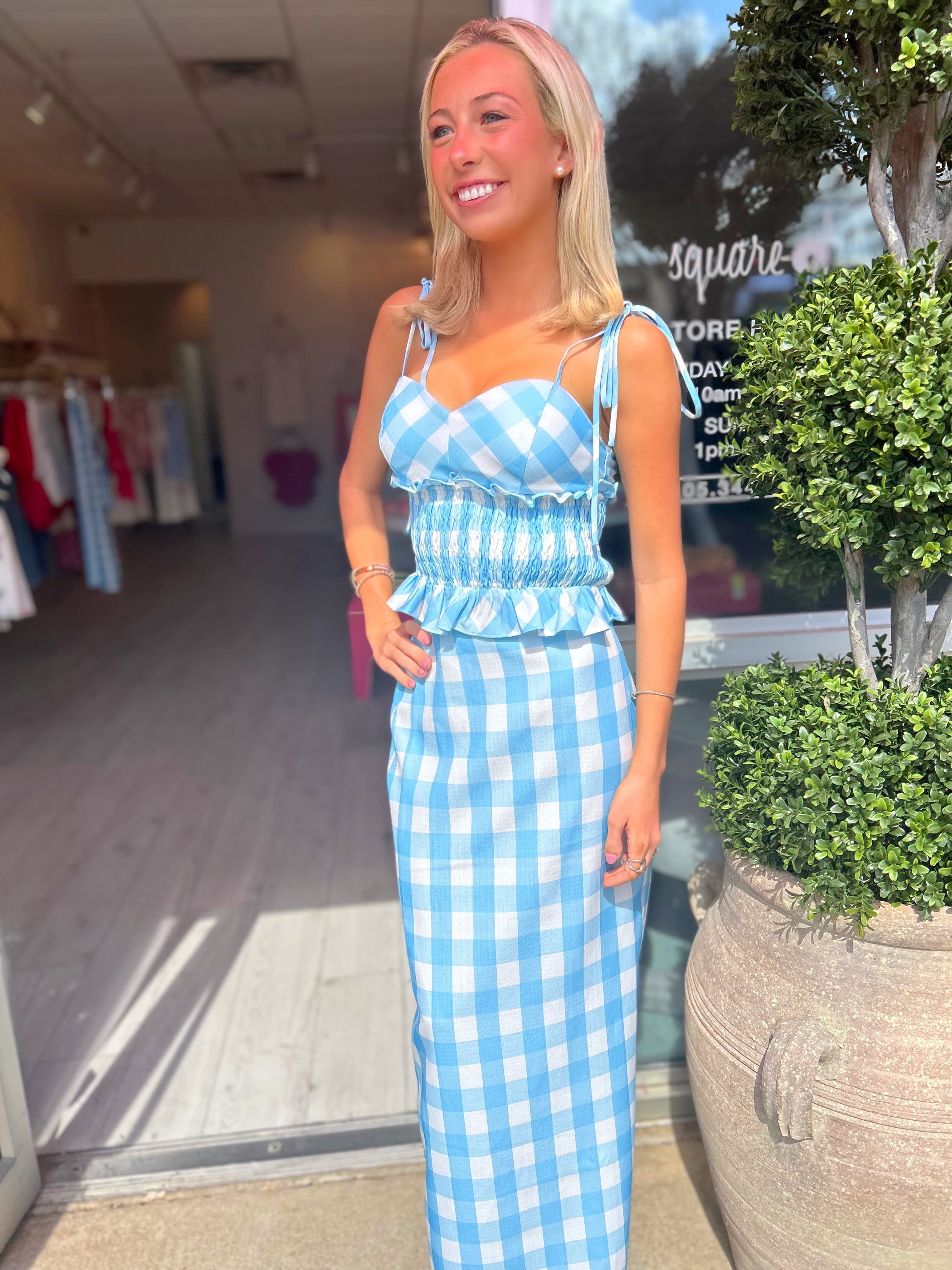 Marley Gingham Top & Midi Skirt Set in Blue & White