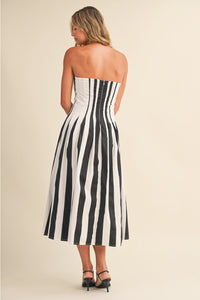 Markie Strapless Striped Pleated Midi