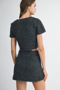 Blaine Fuzzy Crop Cardi & Mini Skirt Set in Charcoal
