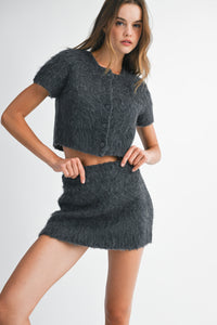 Blaine Fuzzy Crop Cardi & Mini Skirt Set in Charcoal