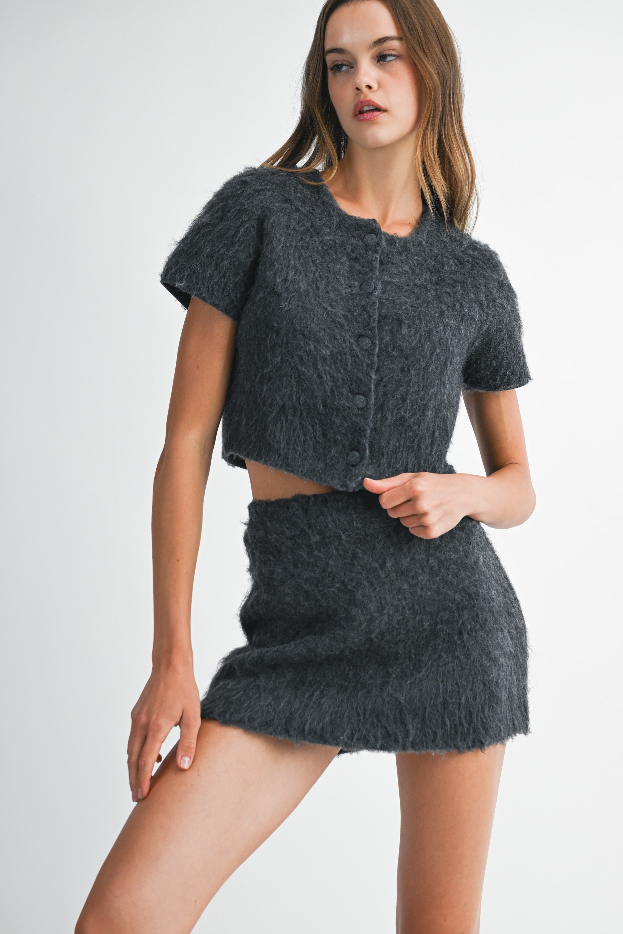Blaine Fuzzy Crop Cardi & Mini Skirt Set in Charcoal