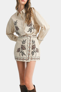 Hyde Embroidered Button Down Shirt & Mini Skirt Set