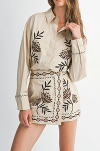 Hyde Embroidered Button Down Shirt & Mini Skirt Set
