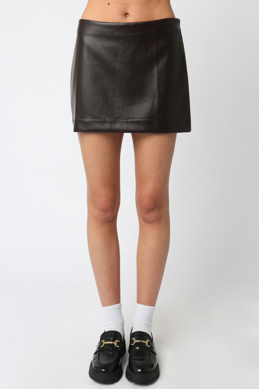 Shay Pleather Mini Skirt in Dark Chocolate