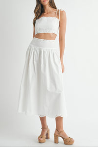 Blythe Embroidery Top & Midi Skirt Set in White