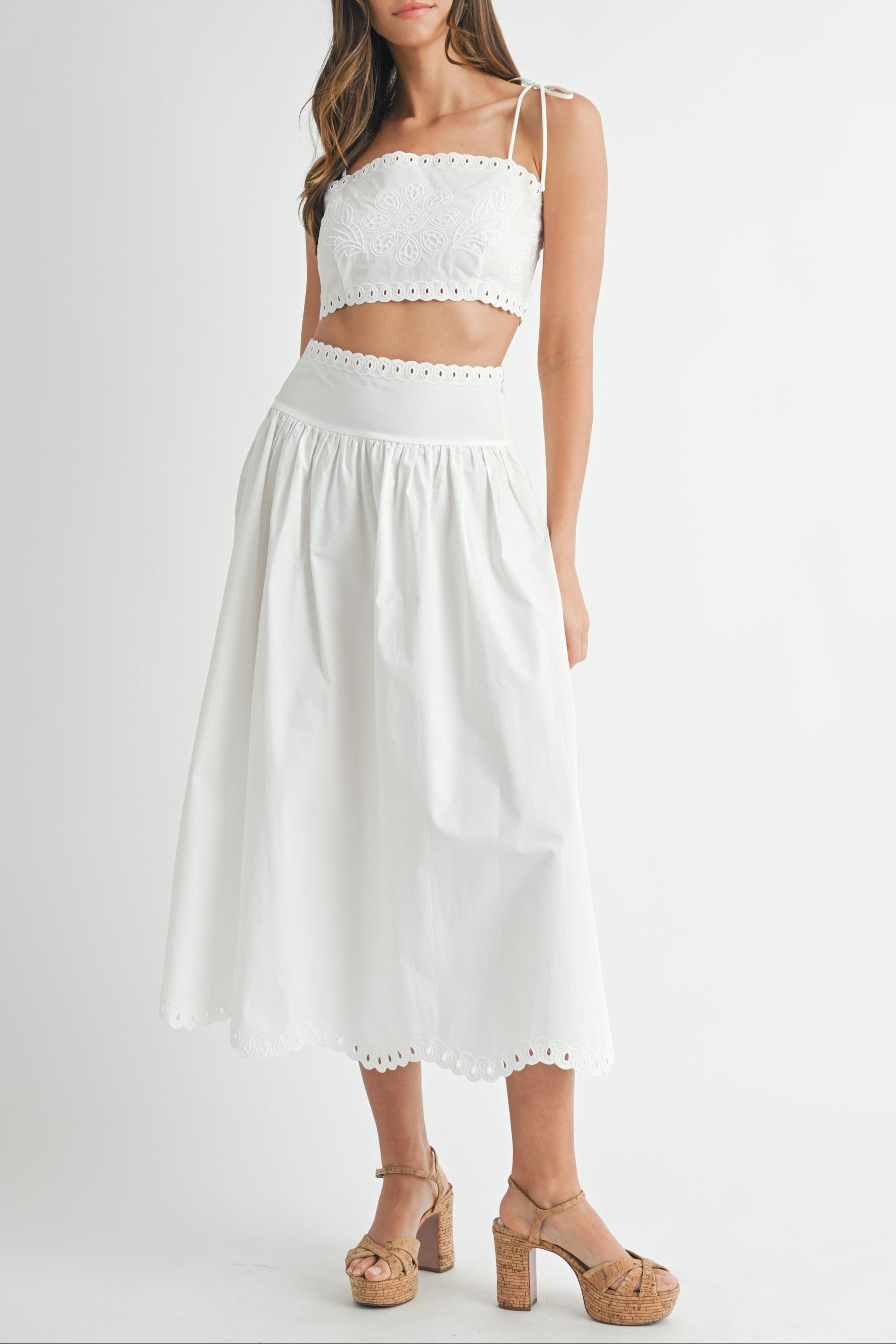 Blythe Embroidery Top & Midi Skirt Set in White