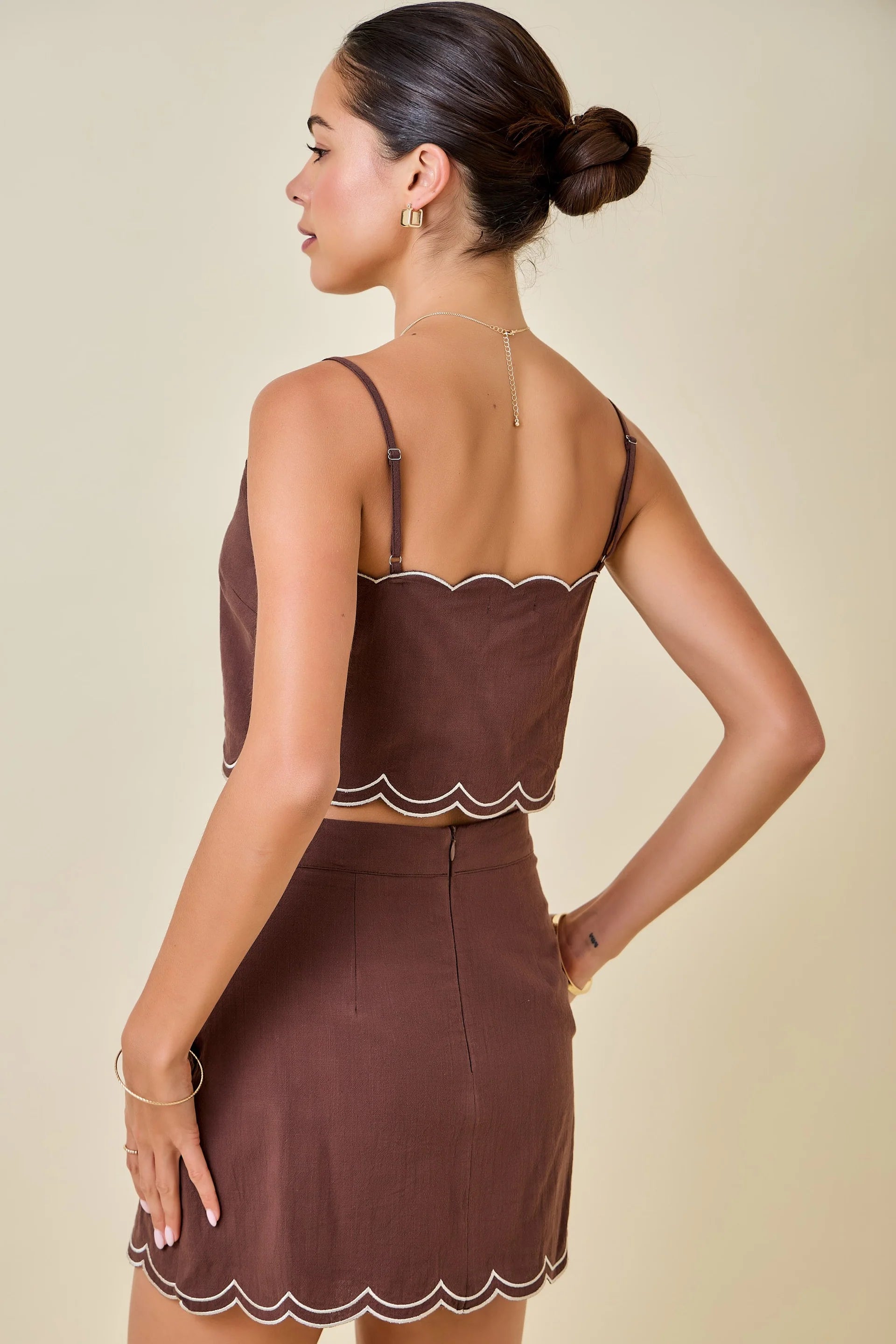 Mitchell Scalloped Hem Top & Skirt Set in Brown