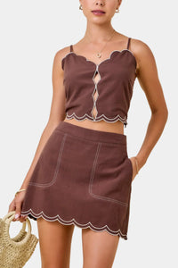 Mitchell Scalloped Hem Top & Skirt Set in Brown