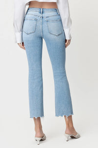 Stirringly High Rise Uneven Raw Hem Kick Flare Jeans