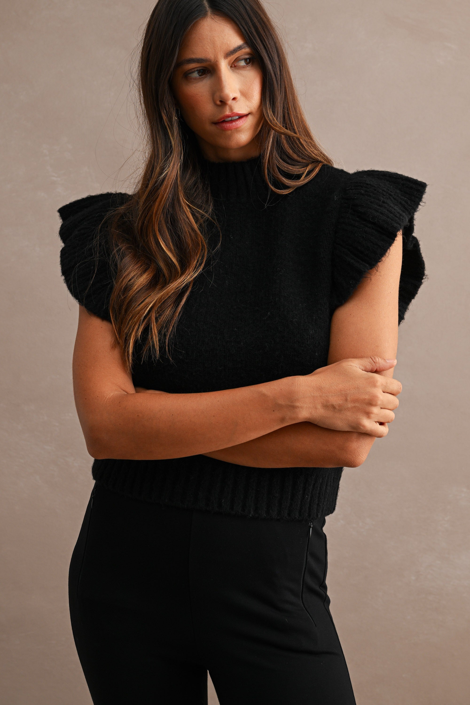 Mila Ruffle Knitted Sweater Vest in Black