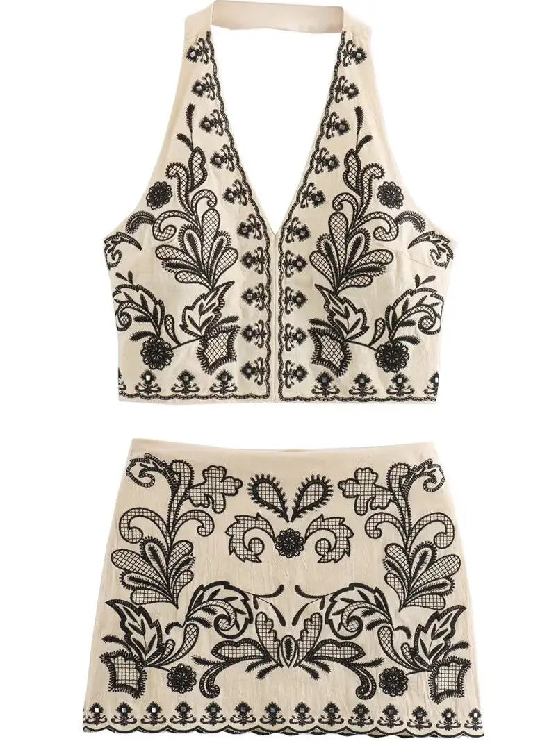 Camille Embroidered Halter Top & Skirt Set