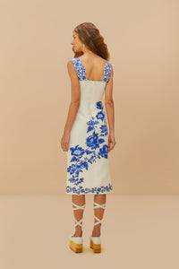 FARM Rio Blue Floral Cascade Wavy Midi Dress