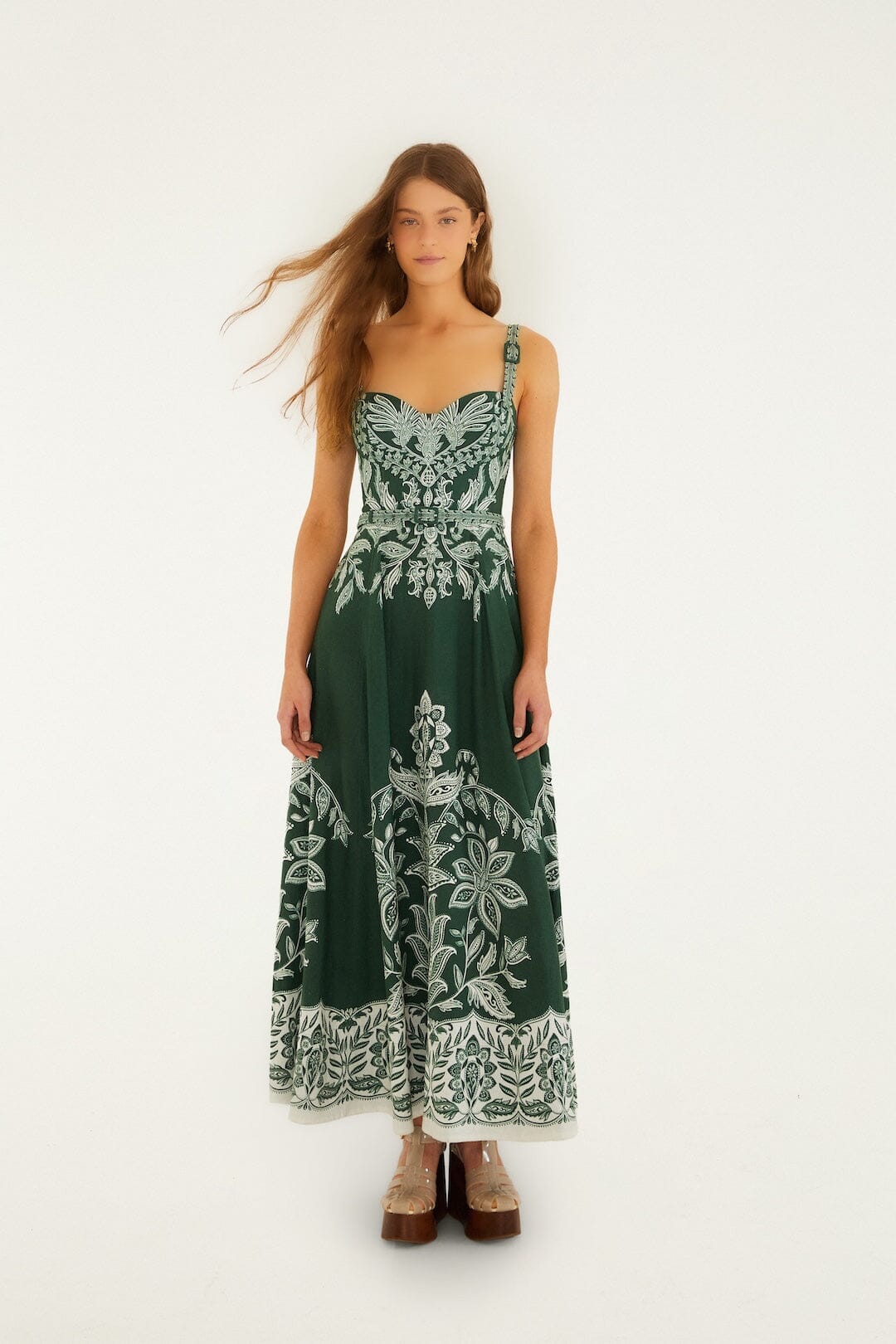 FARM RIO Miranda Dark Green Belt Buckles Maxi Dress