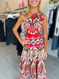 FARM RIO Odara Red Scallop One Shoulder Top & Midi Skirt Set