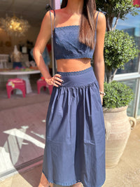 Blythe Embroidery Top & Midi Skirt Set in Navy
