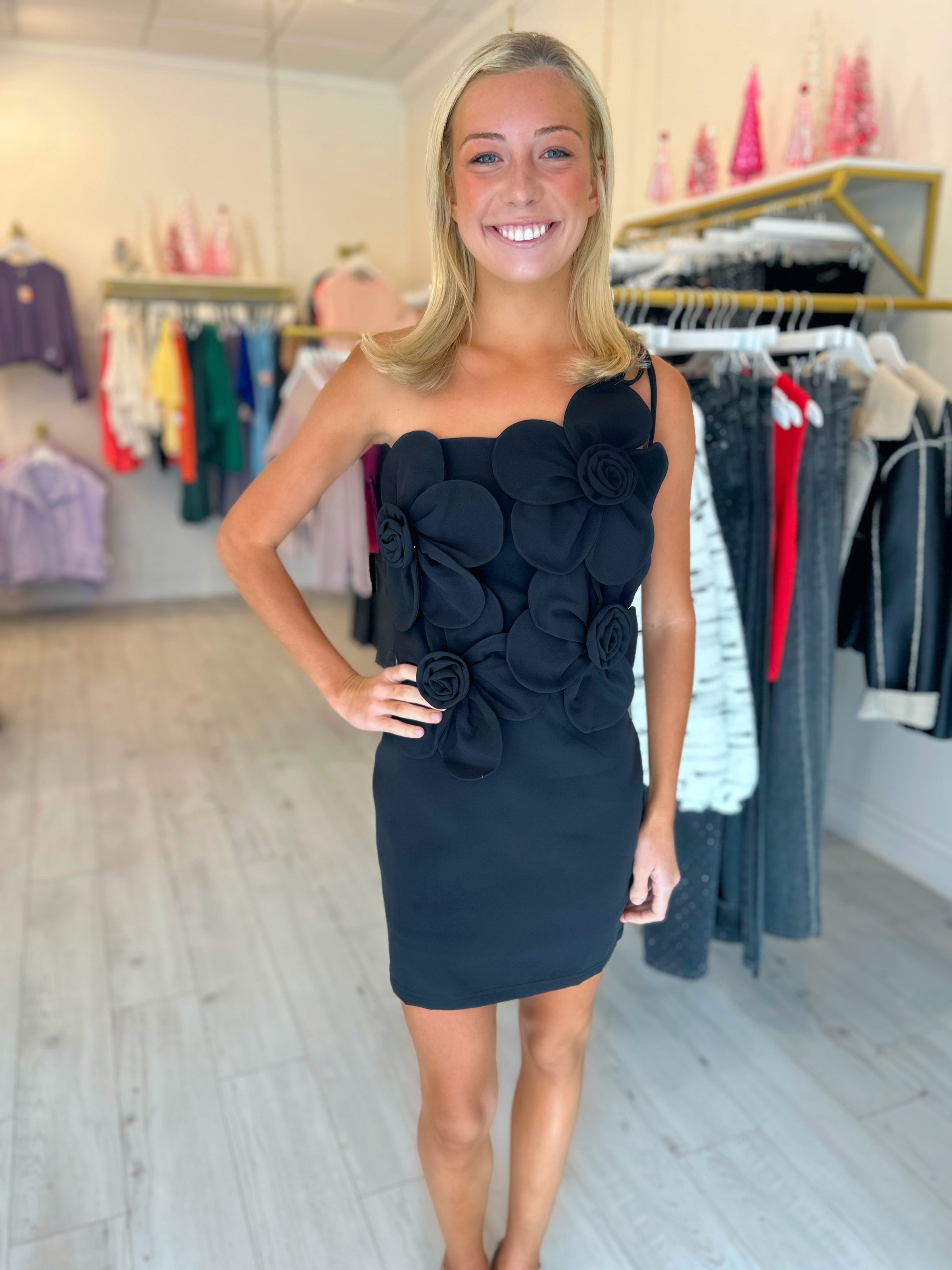 Ellie Crepe Flower Mini Dress