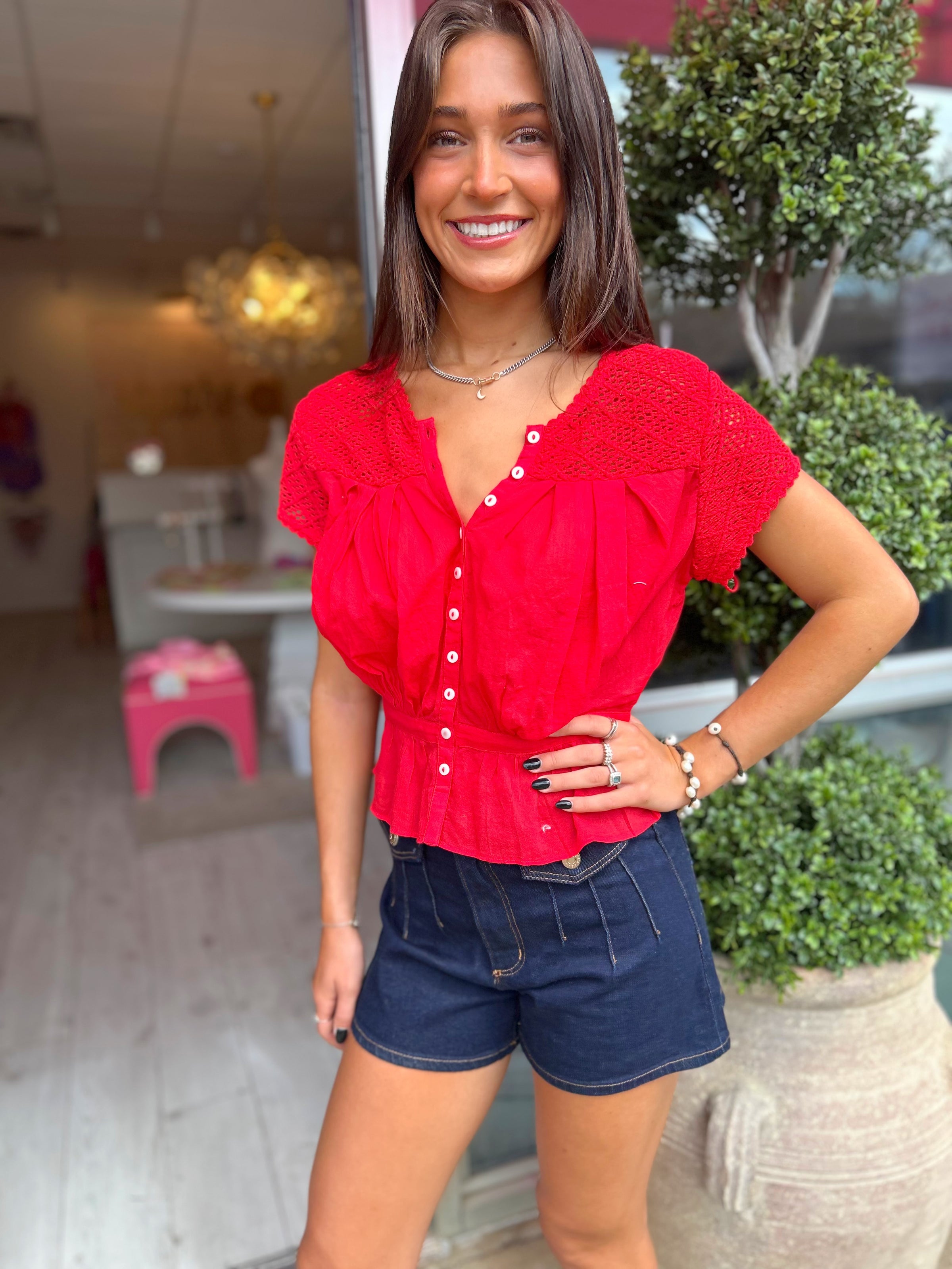 Free People Gemma Embroidered Top in High Risk Red