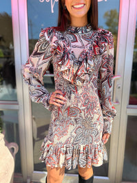 FARM RIO Tapestry Flowers Long Sleeve Mini Dress