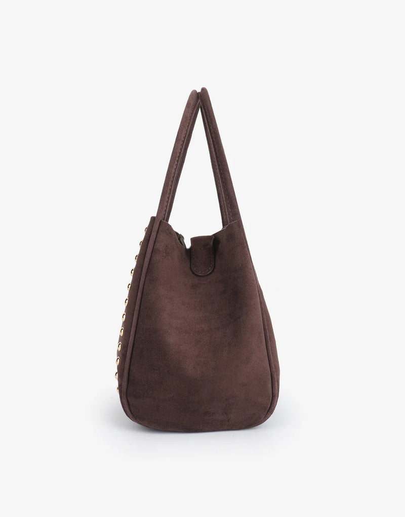 REMI/REID Hollace Mini Tote Studded Faux Suede in Chocolate