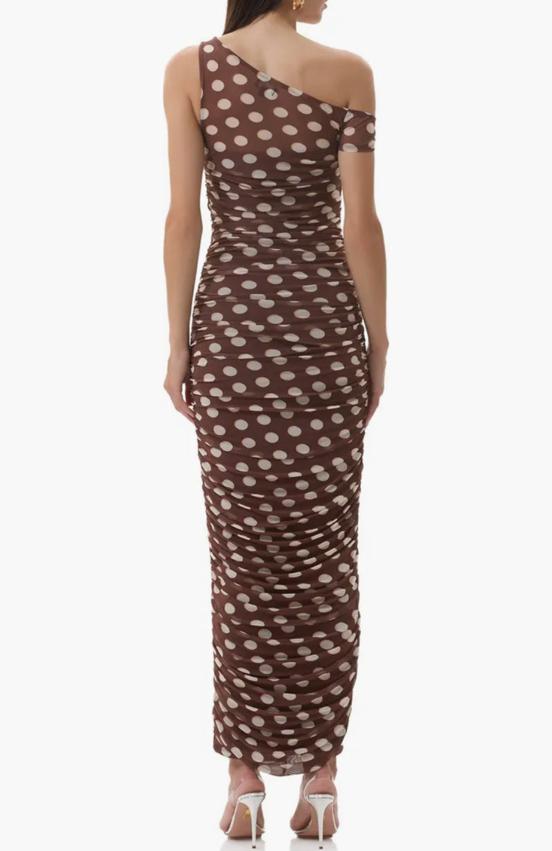 AFRM Biona Printed One Shoulder Maxi in Chocolate Halo Dot