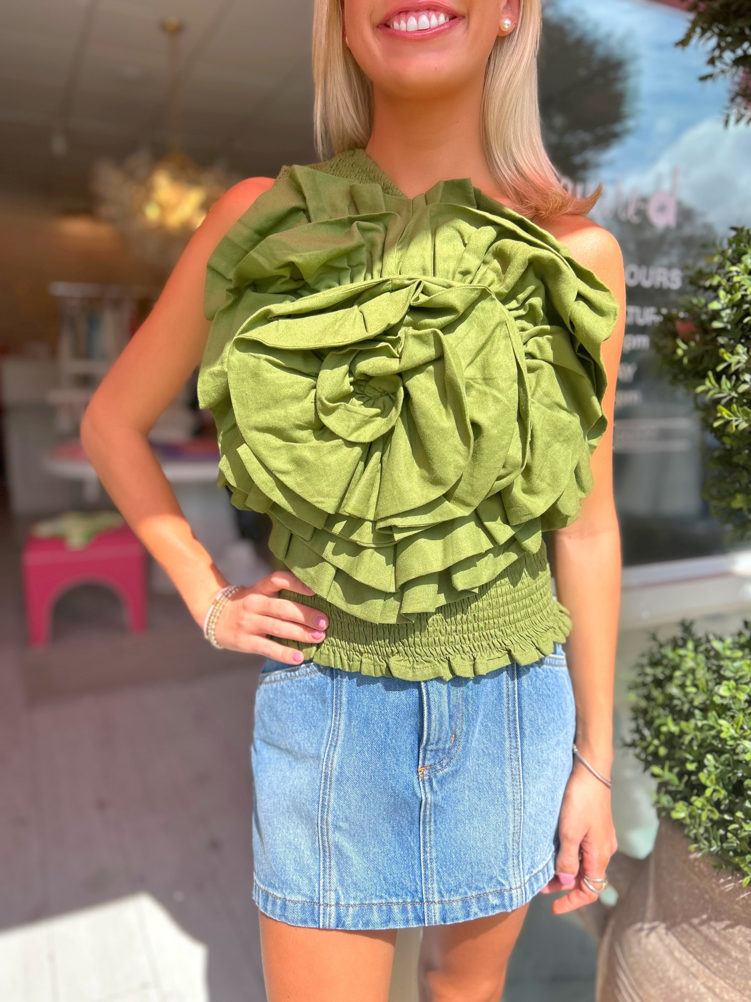 FARM RIO Green One Shoulder Blouse