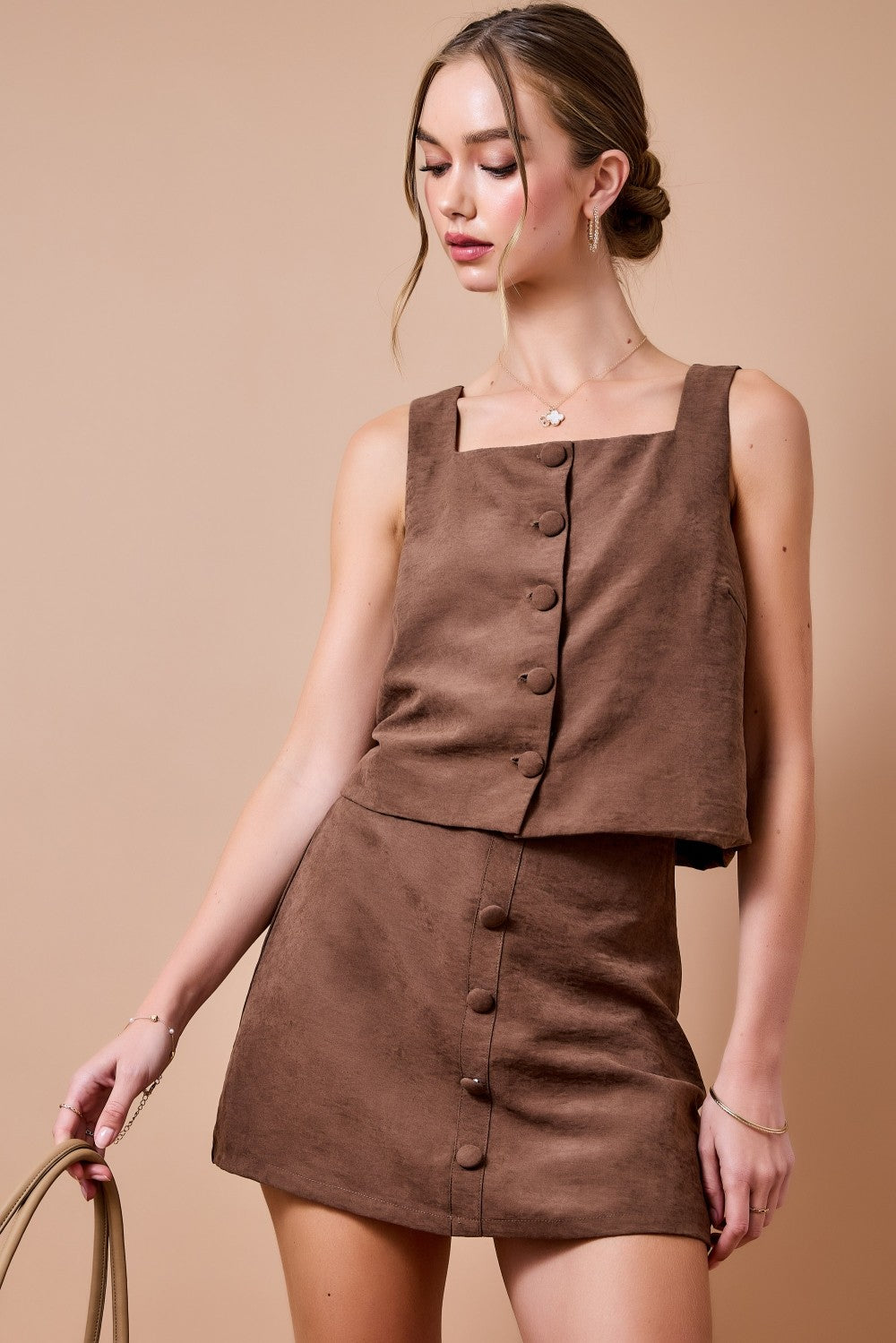 Paige Suede Button Detail Top & Skort Set
