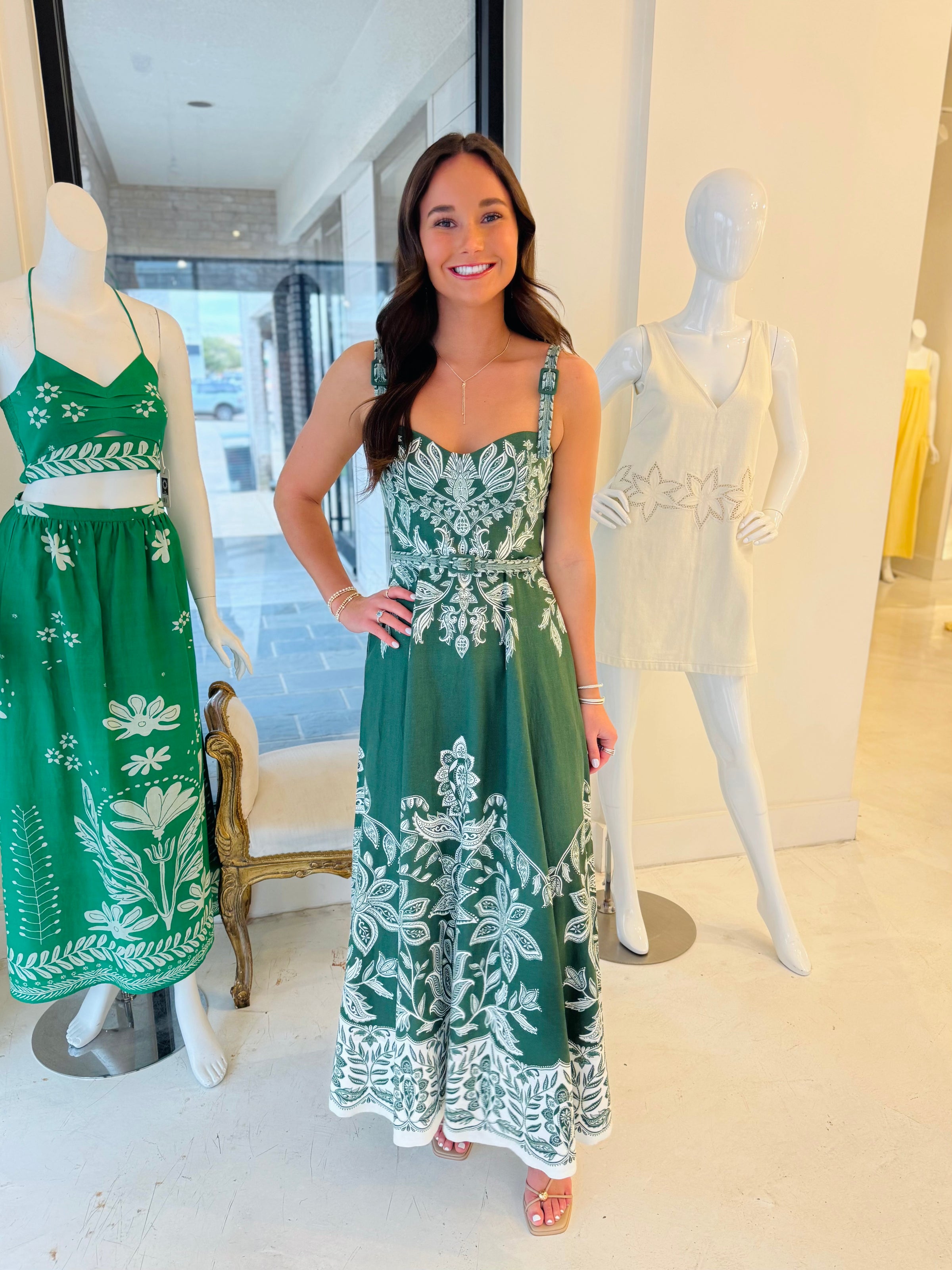 FARM RIO Miranda Dark Green Belt Buckles Maxi Dress