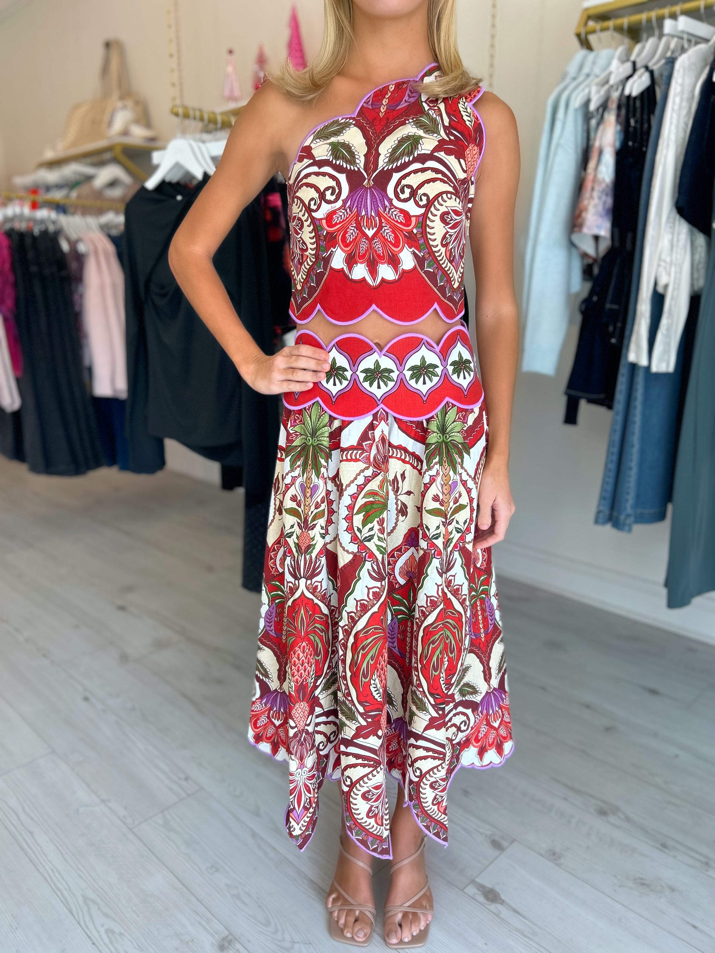 FARM RIO Odara Red Scallop One Shoulder Top & Midi Skirt Set