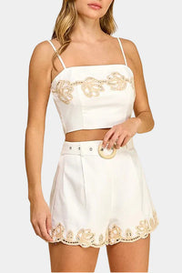 Paige Embroidered Top & Belted Shorts Set