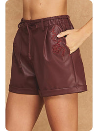 Channing Embroidered Faux Leather Shorts