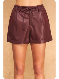 Channing Embroidered Faux Leather Shorts