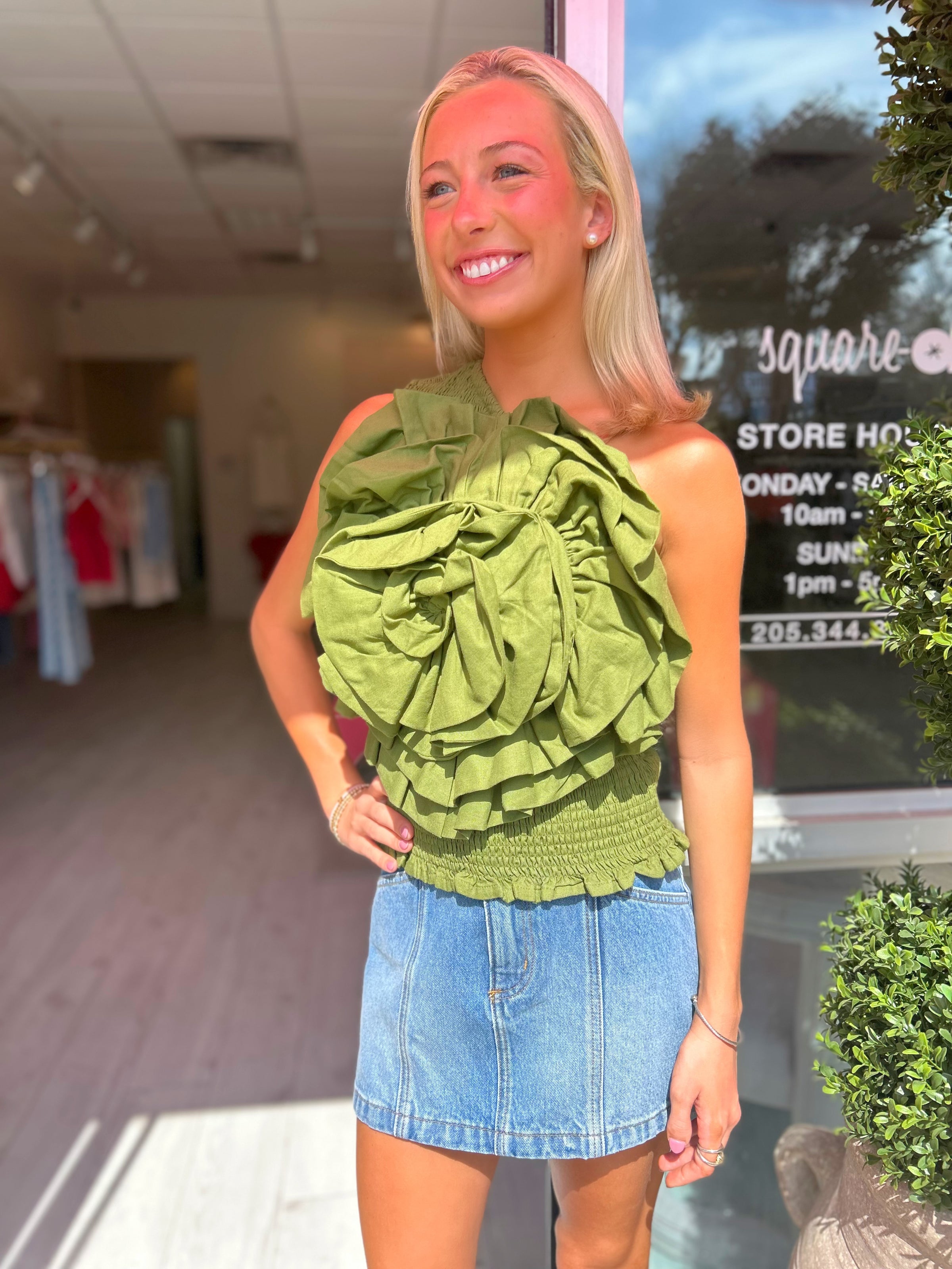 FARM RIO Green One Shoulder Blouse