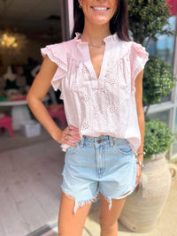 Ivey Eyelet Ruffle Sleeve Blouse in Pink