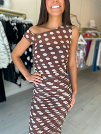 AFRM Biona Printed One Shoulder Maxi in Chocolate Halo Dot