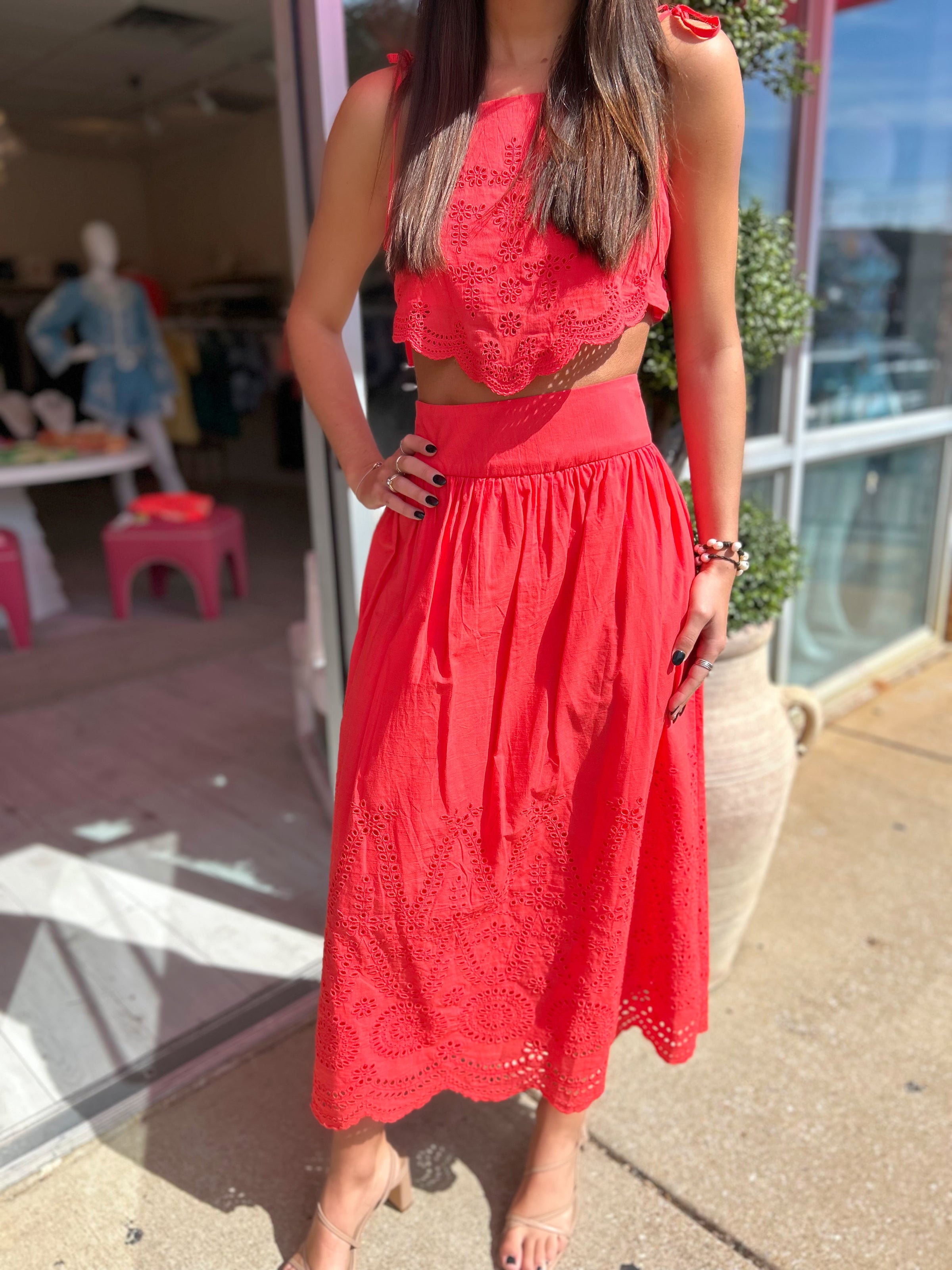 Bailey Embroidered Top and Midi Skirt Set