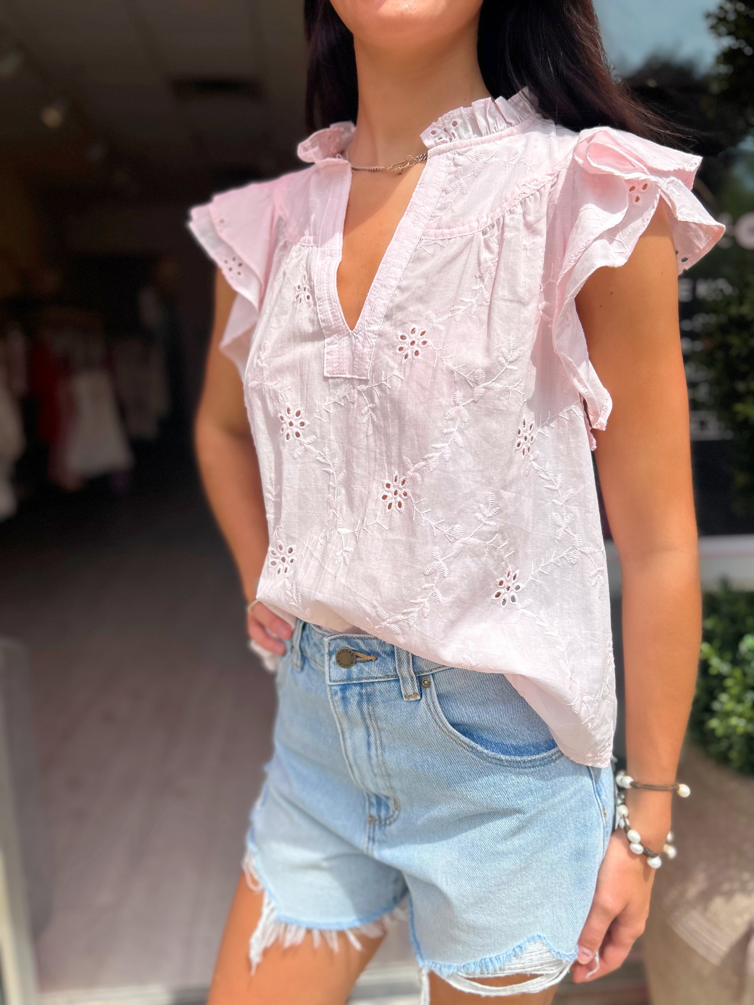 Ivey Eyelet Ruffle Sleeve Blouse in Pink