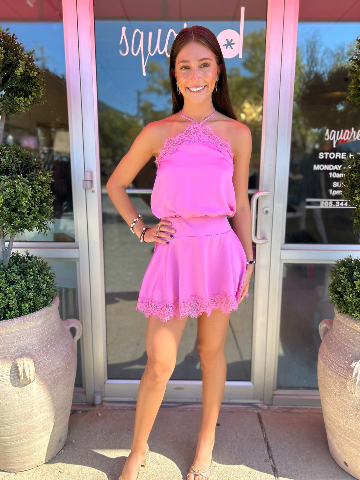 Cassie Lace Hem Halter Mini in Rose Pink