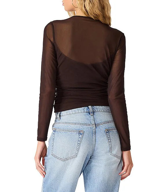 Steve Madden Lillie-Marie Ruched Mesh Top in Dark Toffee