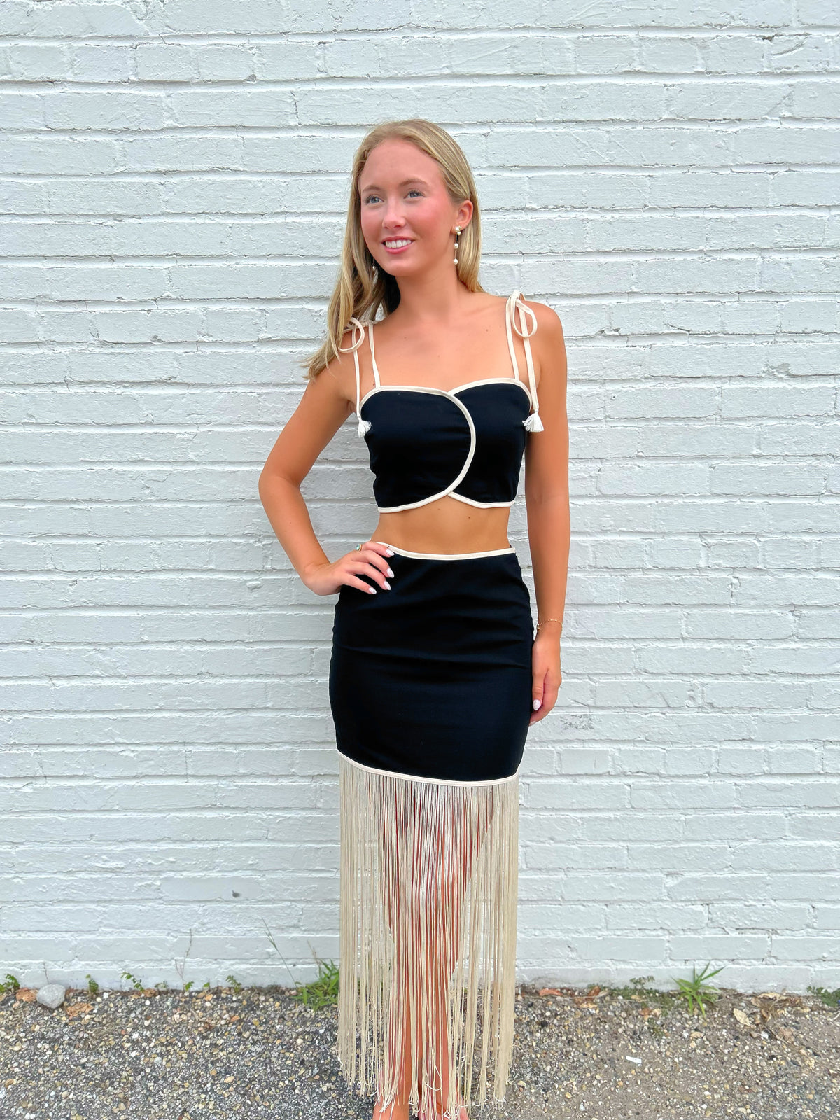 Anders Panel Top & Fringe Skirt Set in Black