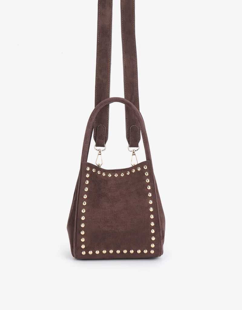 REMI/REID Hollace Mini Tote Studded Faux Suede in Chocolate